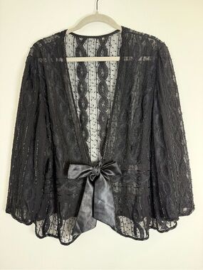 Vintage Sheer Black Lace Beaded Jacket with Satin Tie